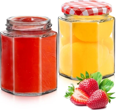 Tarros de mermelada de vidrio hexagonales con tapa de guinga roja - Contenedores herméticos de 280 ml/9 oz... Foto 1 de 4