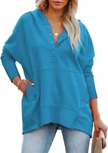 Women's Oversized 1/4 Snap Up Long Sleeve Casual Hoodie Sweatshirt Pullover - Picture 1 of 20