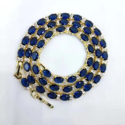 Lab Created Blue Sapphire & Diamond 14K Yellow Gold Plated Tennis Necklace 22" - Image 1 of 4