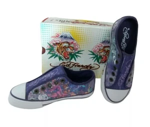 Ed Hardy Girls Kids Shoes Size 2 Sneakers Purple Canvas Sparkle Slip On Fashion - Picture 1 of 10