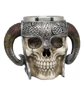 Ancient Viking warrior skull mug stein Resin Horned for beverage/beer coffee mug - Picture 1 of 4