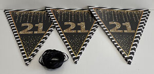 Happy 21st Birthday Banner, Black Gold Celebration Party B'day With Ribbon, Used