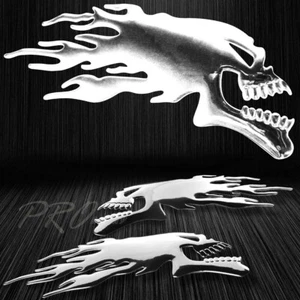 6"x 2.25" 3D Vinyl Emblem Bike Logo Fairing Sticker Fire Skull Skeleton Chrome - Bild 1 von 3