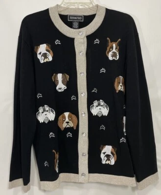 Suéter Terazzo L Cárdigan Negro Bordado Botones Brillantes Schnauzer Bulldog Foto 1 de 4