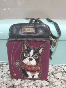 Chala Handtaschen kleine Umhängetasche BOSTON TERRIER Leder lila schwarz Tasche - Bild 1 von 4