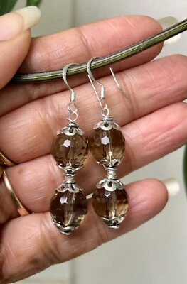 925 Sterling Silver + 10 mm Rnd Beads Original Smoky Topaz Quartz Earrings 2 - Image 1 of 4