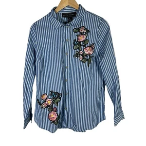 Polly & Esther geblümt bestickt Knopfleiste Shirt blau gestreift Junior Top Medium - Bild 1 von 8