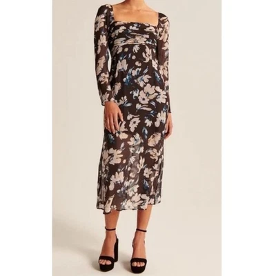 Vestido Abercrombie & Fitch Marrón Emerson Manga Larga Transparente Floral Midi Talla Mediana Foto 1 de 4