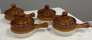 Juego de 4 cuencos de sopa de cebolla francesa vintage con mango y tapas esmaltado marrón - Imagen 1 de 13
