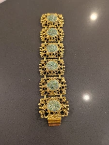 Vintage Heavy Chunky Gold Tone Metal Link Panel Bracelet Pieces Faux Jade Q62 - Afbeelding 1 van 8