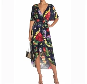 Alice + Olivia 6 Midi Wrap Dress Clarine Navy Floral Kaftan Cocktail - Picture 1 of 9