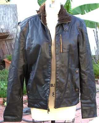 American Rag Bomber Jacket Aviator M Black Non-Leather Fuzzy Brown Lining Zip - Image 1 of 4