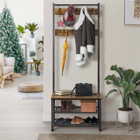 73" Metal Hall Tree with Shoe Storage Bench Entryway Furniture Clothes Racks Cover