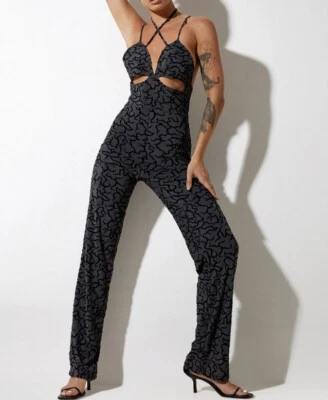 BNWT Motel Rocks Trubi Jumpsuit Tribal Flock Print Black Grey Cut Out Size XS - Image 1 of 4