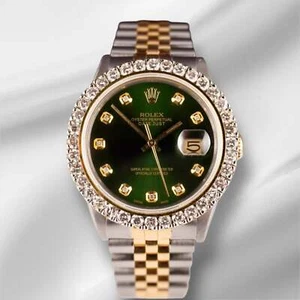 Rolex Men's Datejust 36mm YG & Steel ICED 2.50ct Diamonds Green Dial Watch - Picture 1 of 12
