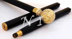 Vintage Brass Design Ball Handle Victorian Black Wooden Walking Stick Royal Cane - Picture 1 of 7