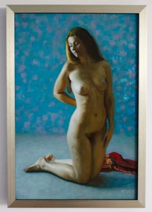 Original Framed Oil Painting Female Nude Girl artwork blonde woman kneeling art - Picture 1 of 3