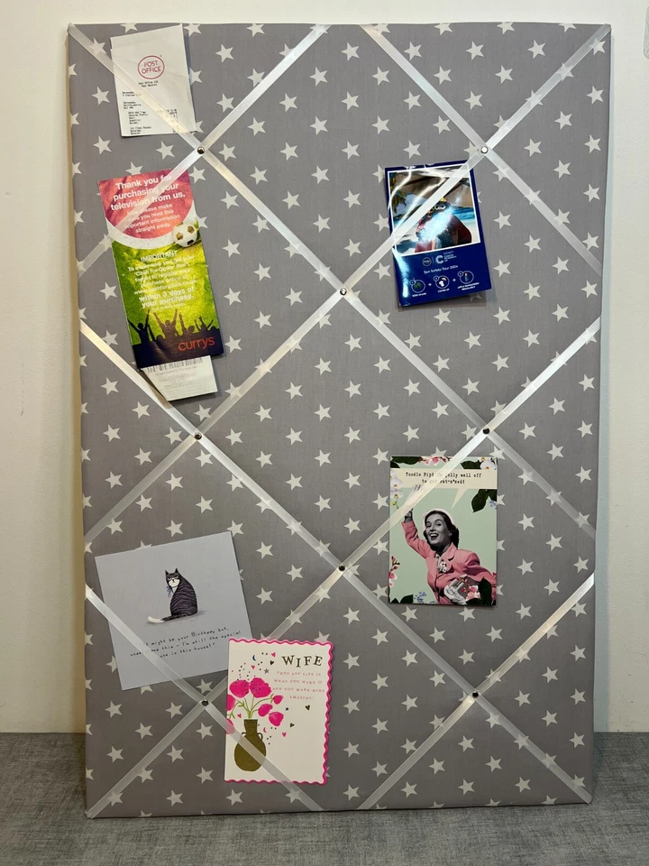 Dark Grey White Star Fabric Notice Board French Memo Ribbon Bulletin Handmade - Image 1 of 4