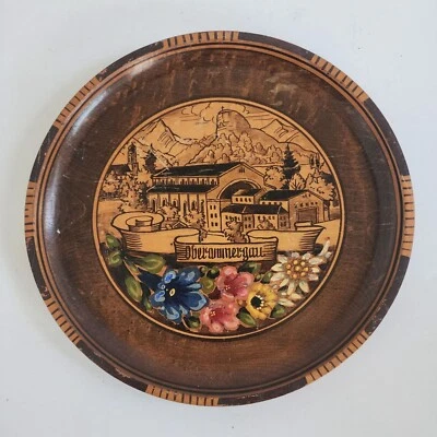 Handcrafted Oberammergau Wooden Wall Plate With Floral & Landscape Design 10" - Image 1 of 4