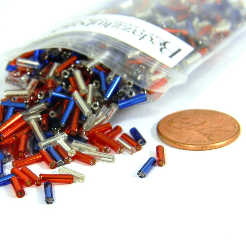 1,200 Red, White, & Blue 1/4 inch Long 6mm Glass Bugle Tube USA Flag  Seed Beads - Image 1 of 1