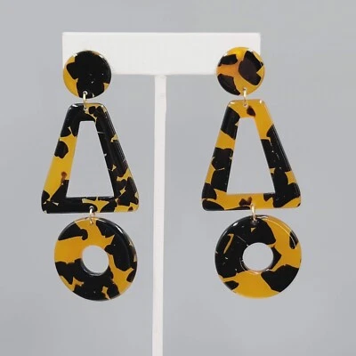 Pendientes Perforados Marrón Tortuga Acrílico Geométrico Cuelga Declaración 3.25" Foto 1 de 4