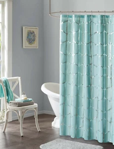 New ID Intelligent Design Raina Printed Metallic Shower Curtain Aqua 72" x 72" - Picture 1 of 4