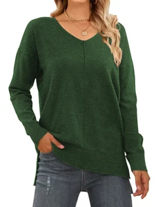 V Neck Sweaters for Women Fall Lightweight Knit Pullover Sweater Side Slits Tops - Picture 1 of 12