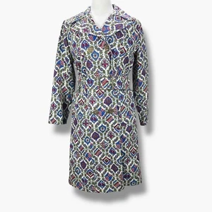 Vtg Mod 60s Abstract Geometric Pattern Swing Coat Belted Jacket flor de lis S/M - Picture 1 of 21