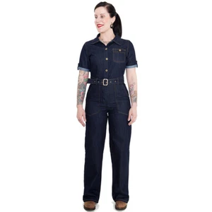 Queen Kerosin Rockabilly Vintage Denim Jumpsuit - Rinsed Overall Dunkelblau - Bild 1 von 10