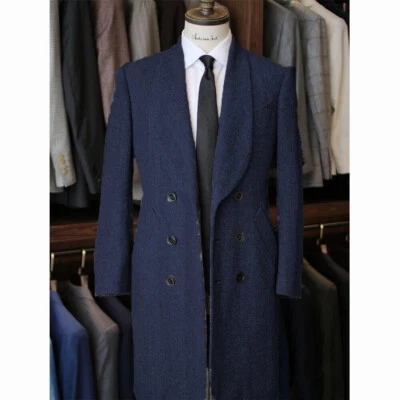 Vintage Men's Long Overcoat Tweed Herringbone Suit Double Breasted Outdoor Wear - Image 1 of 4