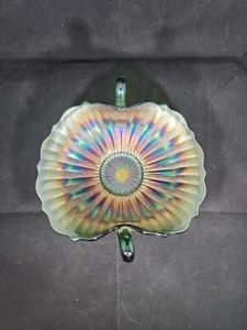 Vintage Fenton Stippled Rays Double Handled Bon Bon Dish Green Carnival Glass - Picture 1 of 13
