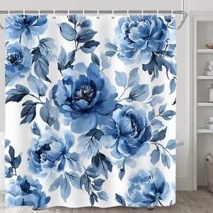 Navy Blue Floral Shower Curtain Set Modern Watercolor Flower Abstract Bathroo... - Picture 1 of 4