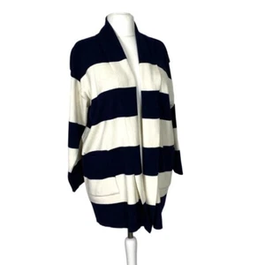 Cardigan da donna Vintage in lana merinos bianco panna blu a righe lungo aperto - Foto 1 di 11