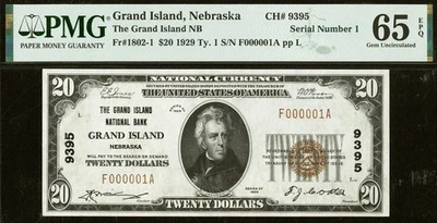 $20 1929 Ch 9395 Serial NUMBER ONE GRAND ISLAND NEBRASKA F000001A PMG Gem 65EPQ - Image 1 of 2