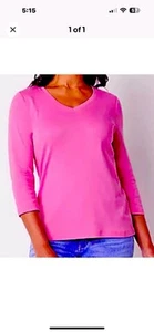St John’s Bay Sz L Exotic Pink 3/4 Sleeve V Neck Tee Ribbed Cotton - Picture 1 of 1