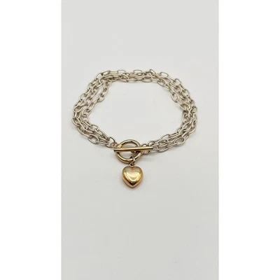 925 Silver Bracelet Vintage Triple Strands Oval Rolo Link Gold Tone Heart Toggle - Image 1 of 4