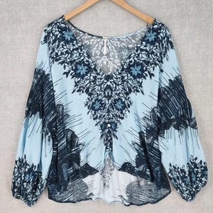 Top Free People grande blu uccellini di piuma oversize slouch dolman bohemien - Foto 1 di 21