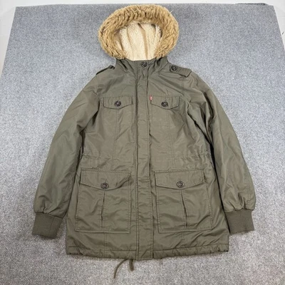 Chaqueta Parka Levi's Para Mujer S Verde Sherpa Forrada Piel Sintética Capucha Bolsillos Utilitarios Foto 1 de 4