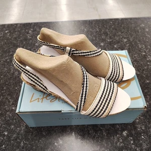 LifeStride Womens Yasmine Natural Multi Cream Black Canvas Wedge Sandal Sz 7.5M - Picture 1 of 10