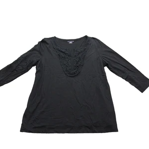 Charter Club Shirt Womens XL Black Crochet Neck 3/4 Sleeve Boho Top Cotton - Picture 1 of 8
