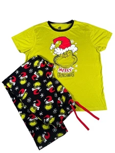 The Grinch Mens L Green Black Red Pajama Set Tee Fleece Pants Christmas Graphic - Picture 1 of 10