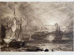 SUNSET WITH FISHING BOATS 19th Century Sepia ENGRAVING after H DAWSON - Imagen 1 de 2