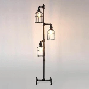 60"H Pipe Industrial Birdcage Standing Lamp Rustic Iron 3 Lights Floor Light - Picture 1 of 8