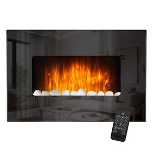 Wall Mounted LED Electric Fire Fireplace Black Glass Slim Flicker Flame Heater - Picture 1 of 1