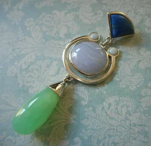 WK 925 Sterling Silver Blue Lace Agate Lapis Green Quartz Pendant 27F10 - Picture 1 of 9
