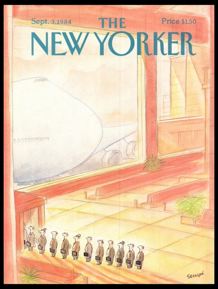New Yorker magazine COVER ONLY  Sept 3 1984 Sempe art-Airport boarding men Foto 1 de 1