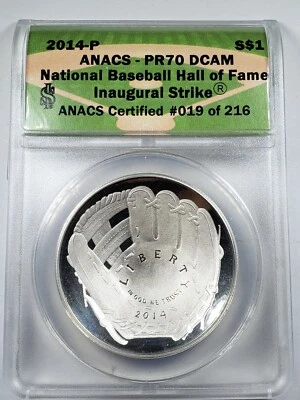 2014-P  BASEBALL HALL OF FAME SILVER DOLLAR, PROOF, ANACS PR70 Inaugural strike  - Image 1 of 4