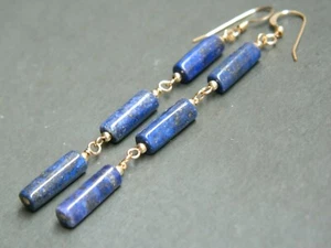 Natural LAPIS Gemstones, Denim Blue Tube Beads & 14ct Rolled Gold Long Earrings - Picture 1 of 12