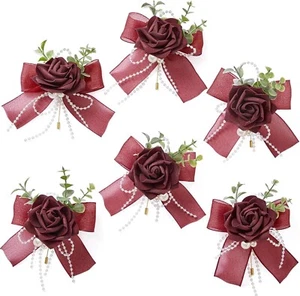Bride Wedding Flower Burgundy Red Rose Men Boutonniere Groom Suit Corsage - Picture 1 of 16