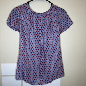 Boden Carey Top Blue Red Polka Dot Silk Crew Neck Short Sleeve Blouse Size US 2 - Picture 1 of 4